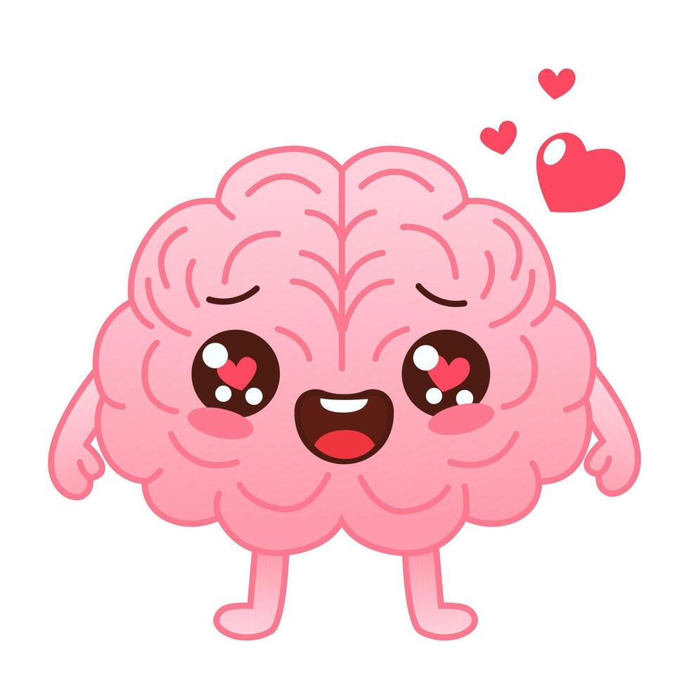 carino rosa colorato cervello personaggio nel amore e cuori su un' bianca sfondo. piatto stile cartone animato cervello personaggio design. vettore portafortuna illustrazione umano organo icona design