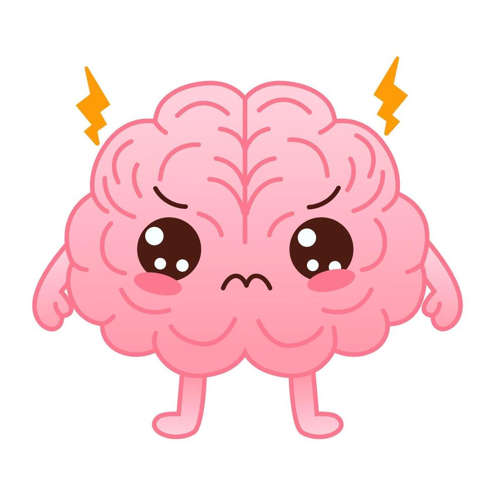 carino rosa colorato cervello personaggio è arrabbiato e fulmine su un' bianca sfondo. piatto stile cartone animato cervello personaggio design. vettore portafortuna illustrazione umano organo icona design