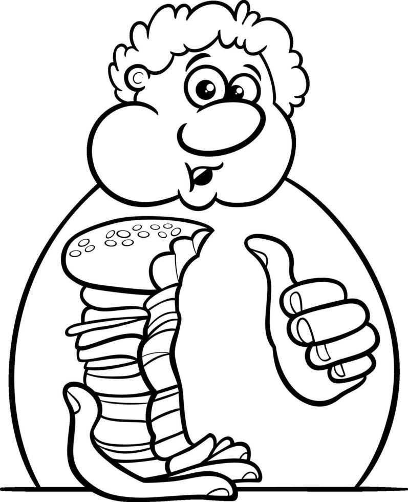 cartone animato uomo personaggio mangiare grande hamburger al formaggio colorazione pagina vettore
