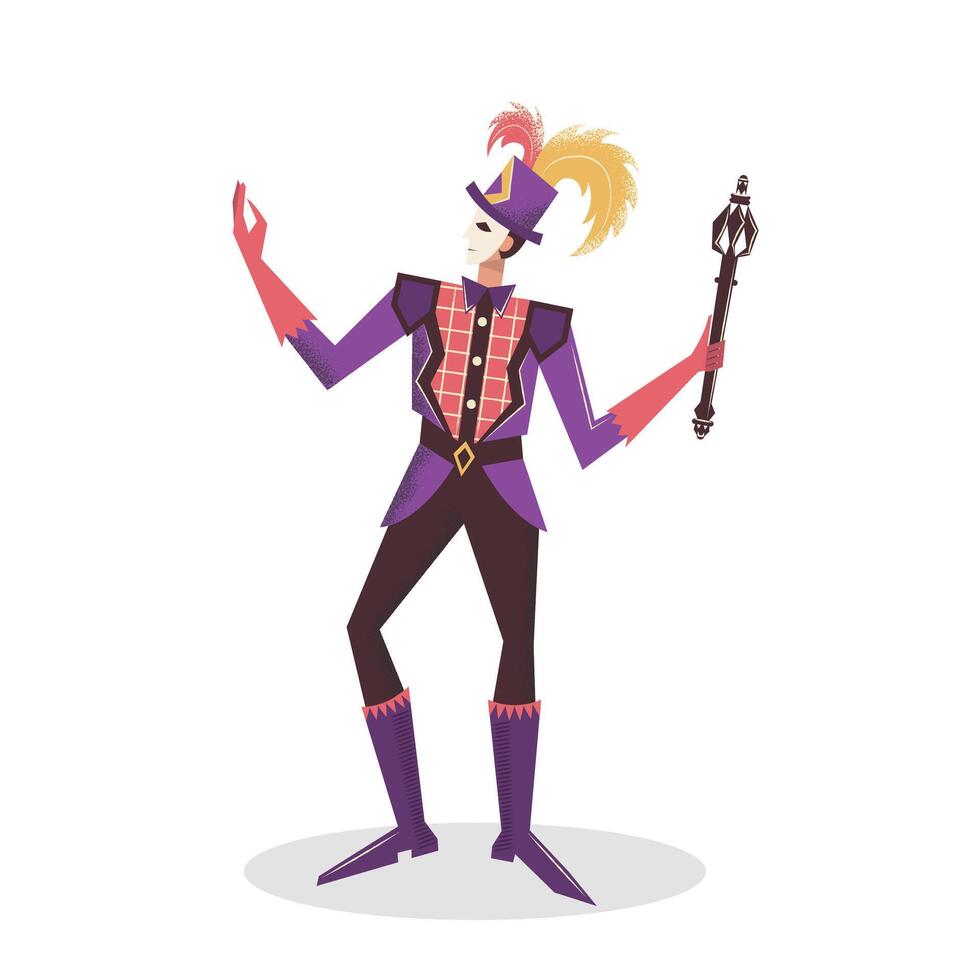 un squisito partecipante nel il veneziano carnevale. re nel un' viola masquerade costume con un' bastone nel il suo mano. veneziano carnevale. piatto vettore illustrazione.