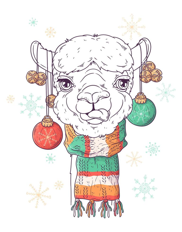 ritratto disegnato a mano del vettore di alpaca di natale.