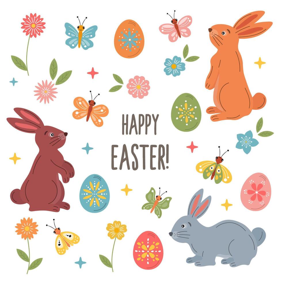 contento Pasqua vettore clip arte con coniglio, coniglietto, primavera fiori, colorato dipinto uova, farfalle. primavera Pasqua sfondo, carino vacanza clip arte, saluto carta, manifesto.