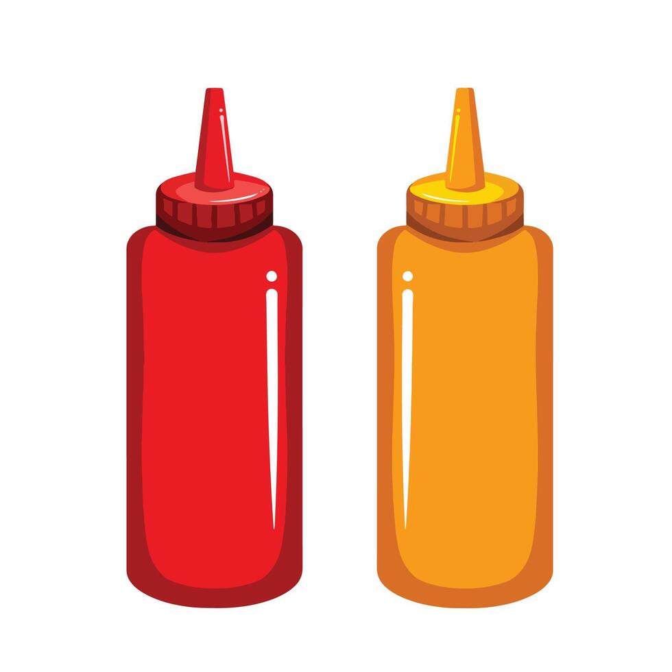 chili o pomodoro salsa e giallo mostarda veloce cibo ristorante condimento ingredienti bottiglie vettore illustrazione isolato su bianca piazza sfondo. semplice piatto pieno colorato cartone animato arte styled disegno