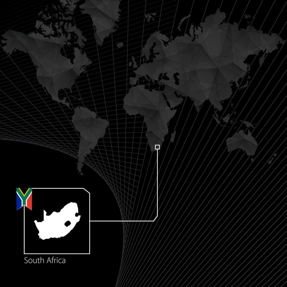 Sud Africa su nero mondo carta geografica. carta geografica e bandiera di Sud Africa. vettore