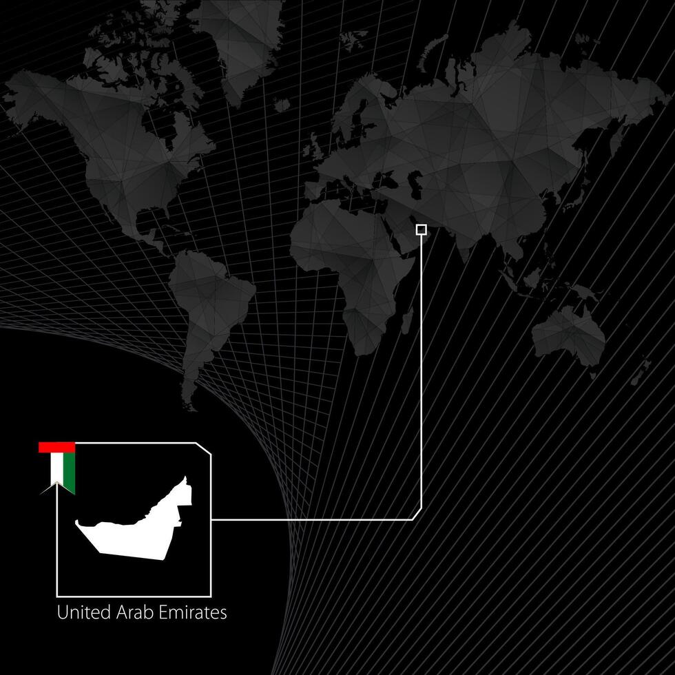 unito arabo Emirates su nero mondo carta geografica. carta geografica e bandiera di emirati arabi uniti. vettore