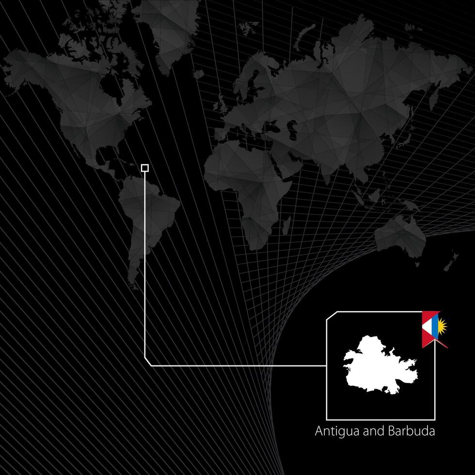 antigua e barbuda su nero mondo carta geografica. carta geografica e bandiera di antigua e barbada. vettore