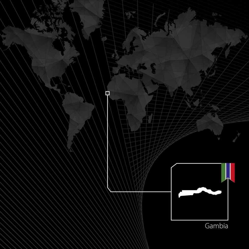 Gambia su nero mondo carta geografica. carta geografica e bandiera di Gambia. vettore