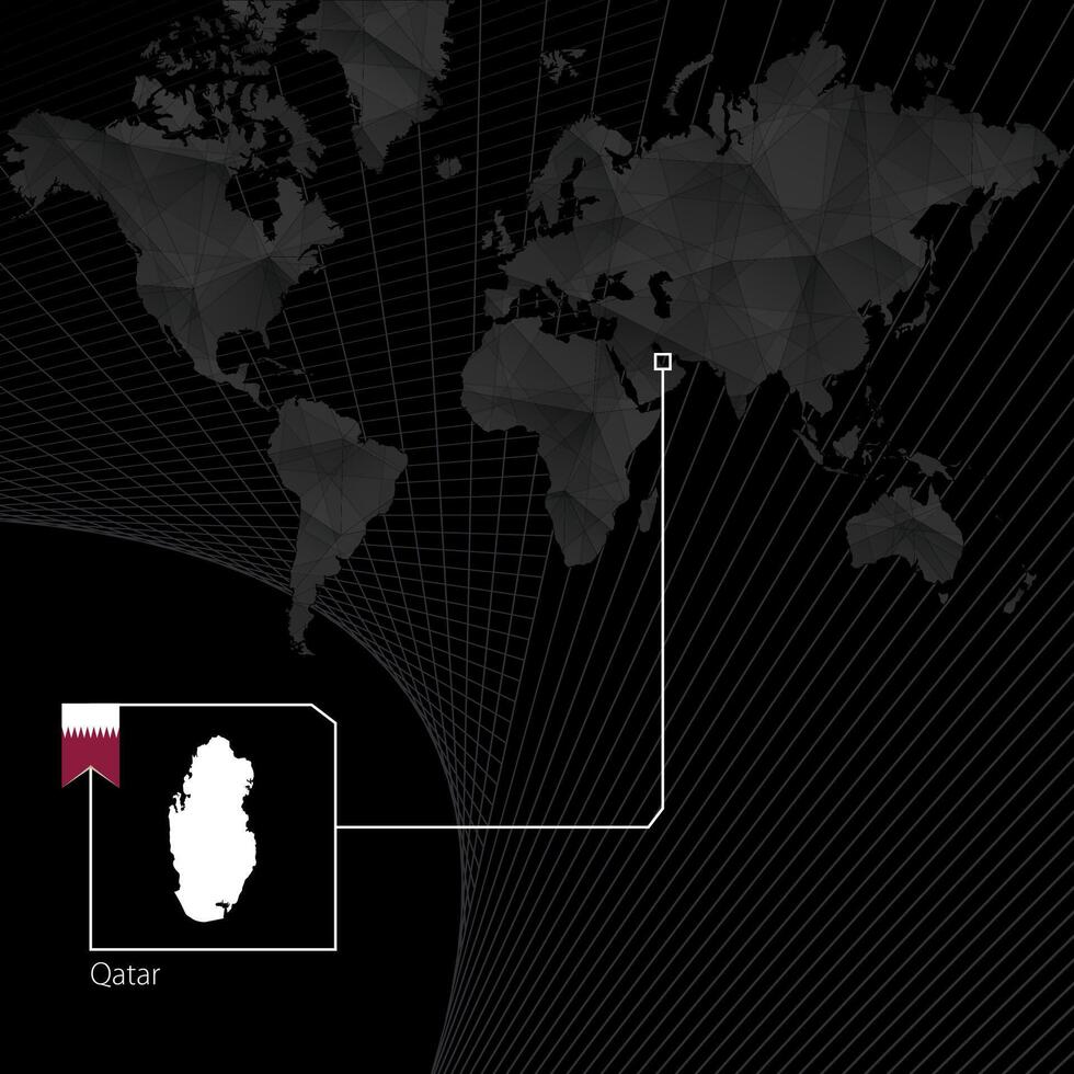 Qatar su nero mondo carta geografica. carta geografica e bandiera di Qatar. vettore