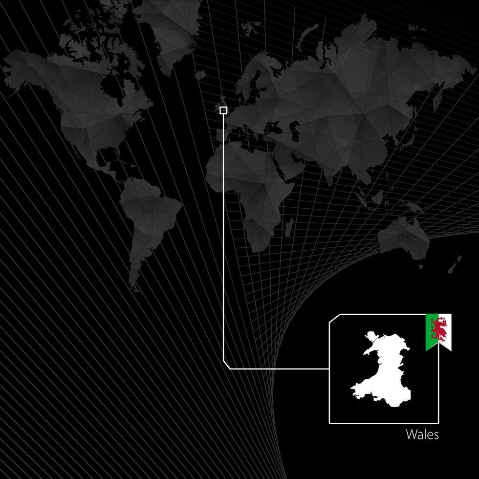 Galles su nero mondo carta geografica. carta geografica e bandiera di Galles. vettore