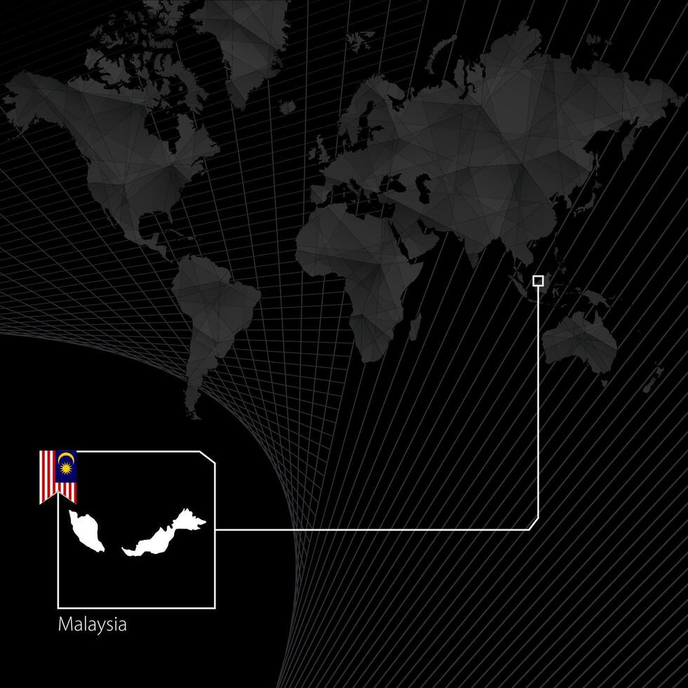 Malaysia su nero mondo carta geografica. carta geografica e bandiera di Malaysia. vettore