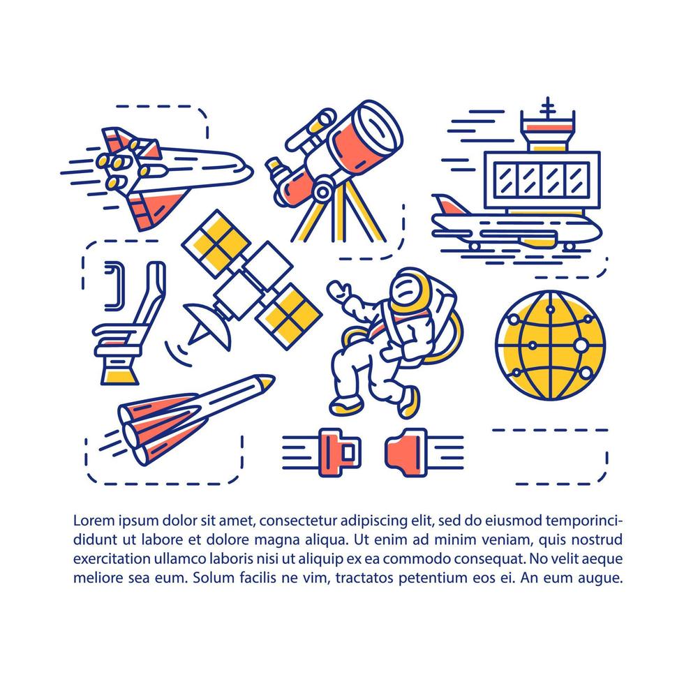 modello di vettore della pagina dell'articolo dell'industria aerospaziale. brochure, rivista, elemento di design opuscolo con icone lineari e caselle di testo. illustrazioni concettuali con spazio di testo