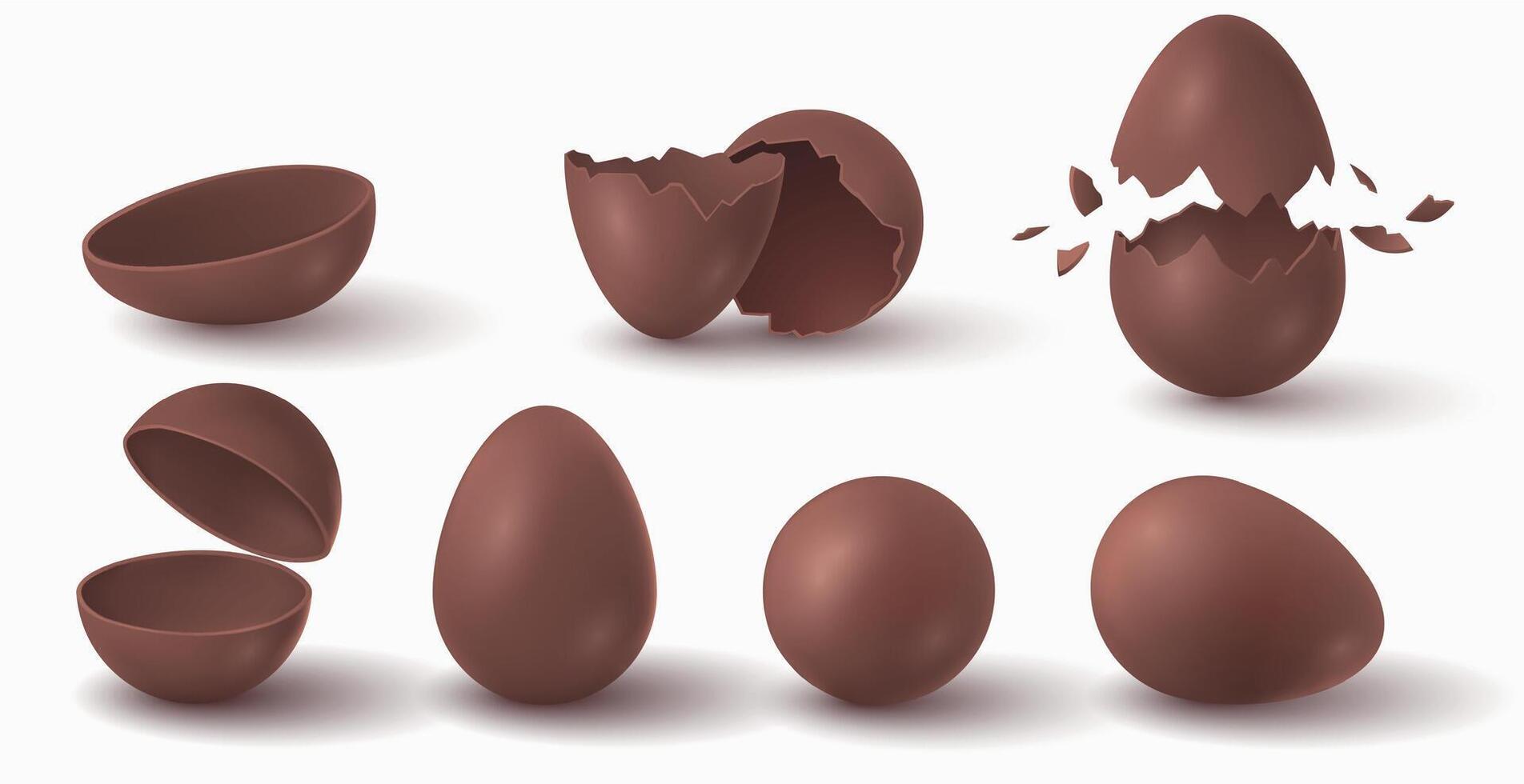 realistico rotte, Cracked e esplose Pasqua cioccolato uova. choco palla metà. Aperto dolce sorpresa uovo. buio cacao confetteria vettore impostato