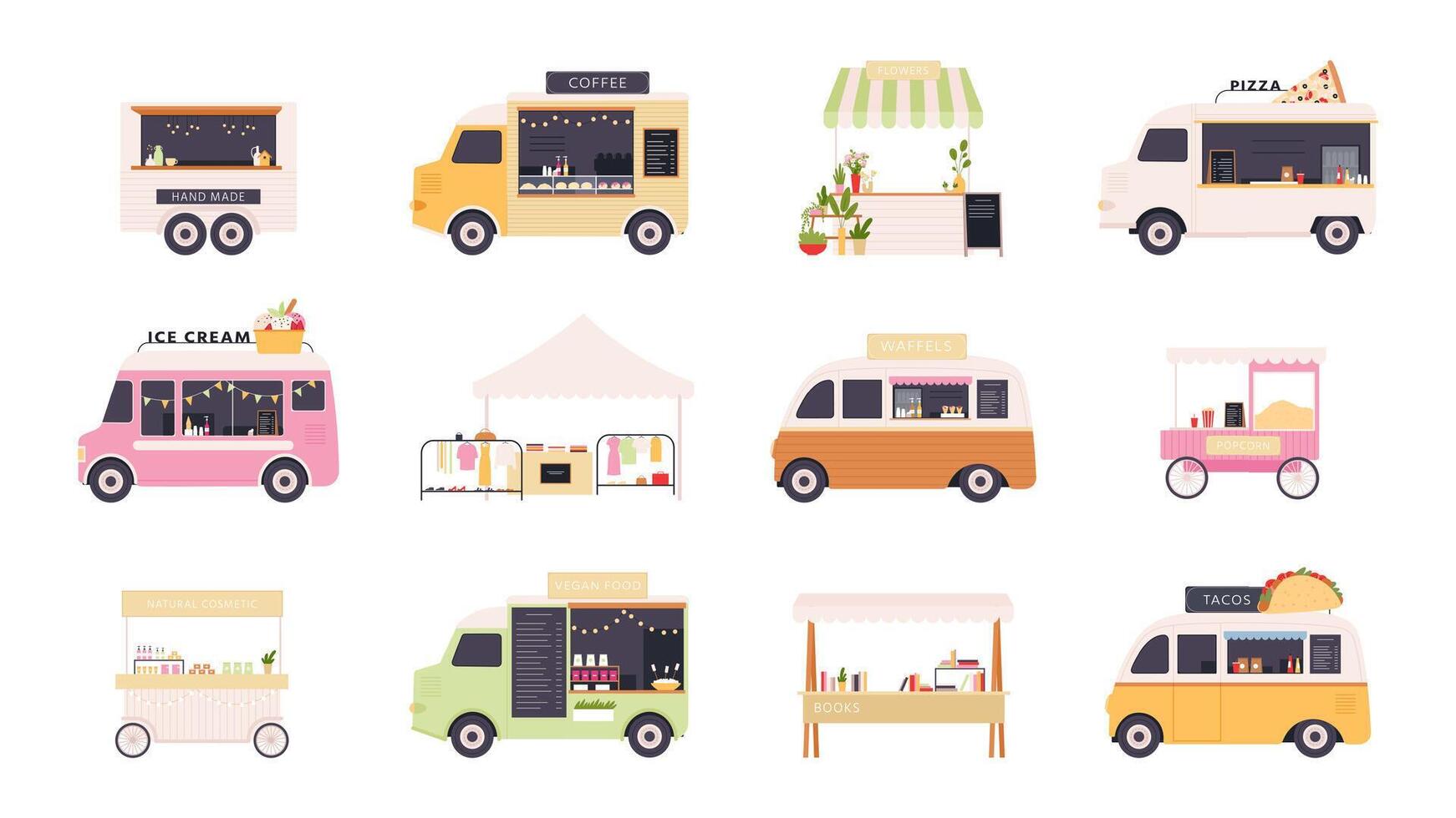 strada chioschi. veloce cibo camion, tende e Popcorn carrello per all'aperto estate giusto. Festival mercato stalla con fiori e Abiti vettore impostato