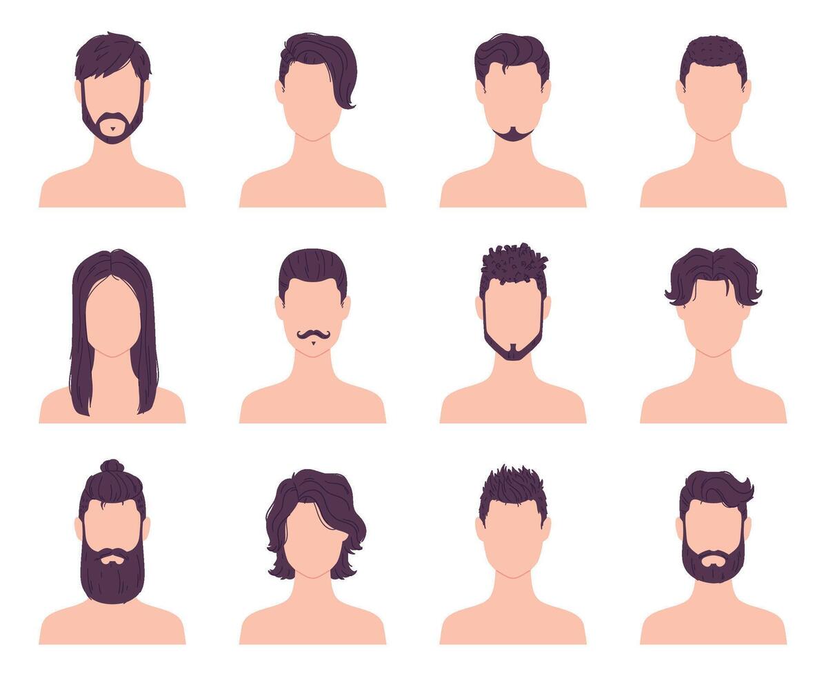 cartone animato uomini avatar moda acconciature, baffi e barbe. maschio moderno corto e lungo tagli di capelli. barbiere negozio capelli stile icone vettore impostato