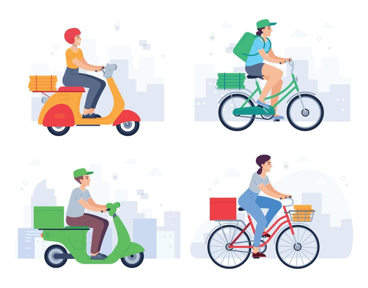 cartone animato personaggi consegna prodotti su scooter e biciclette. Corriere equitazione su veicolo con Pizza scatole vettore