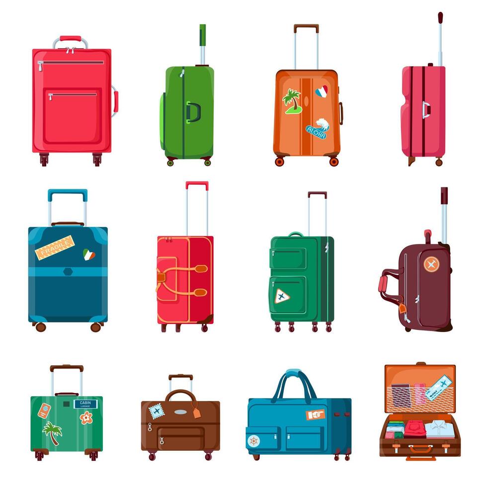 viaggio valigie. zaini, borse, plastica o metallo Aperto valigia con ruote. cartone animato turista Bagaglio con etichetta. mano bagaglio vettore impostato