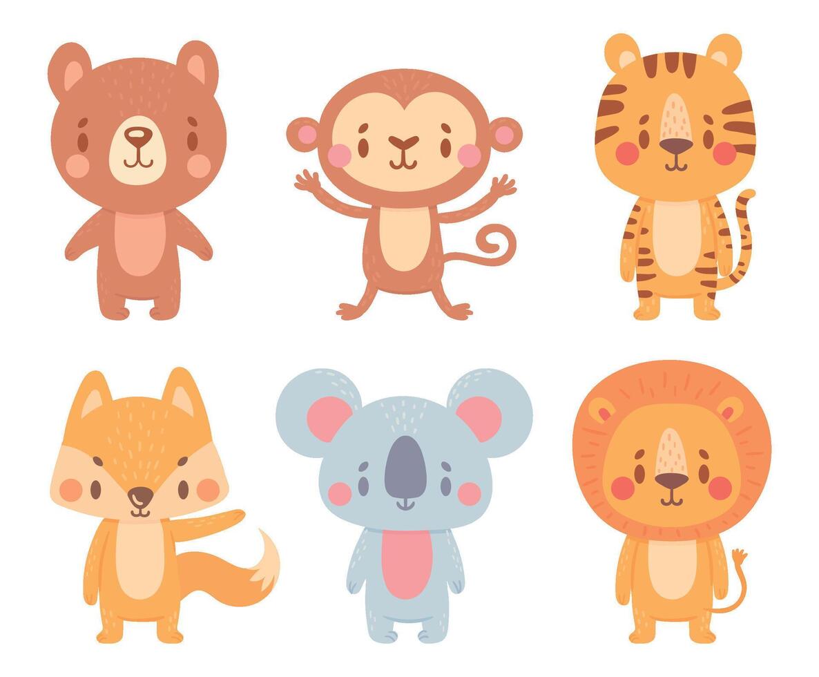 carino cartone animato animali. selvaggio adorabile personaggi con sorridente facce. cartone animato carino orso, scimmia, tigre, Volpe, koala e Leone vettore