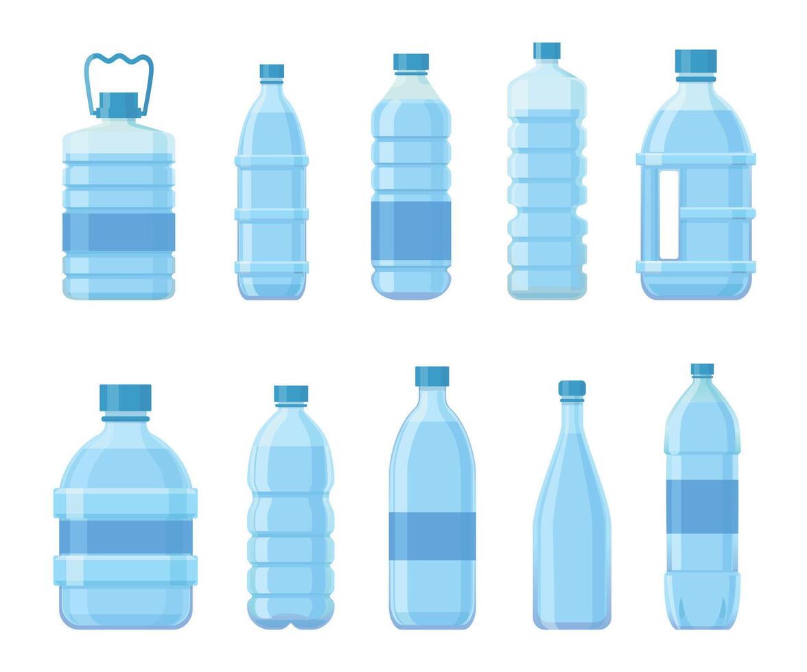cartone animato plastica bottiglie con acqua. bevande pacchi, animale domestico contenitori per bevanda, succo o bibita. blu confezione per minerale acqua vettore impostato