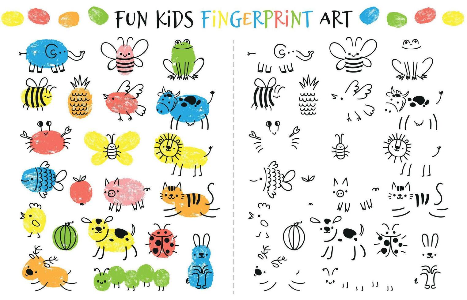 impronta digitale gioco per bambini. divertimento educativo attività per bambini studia per dipingere con dita. scarabocchio animali e insetti disegno vettore impostato