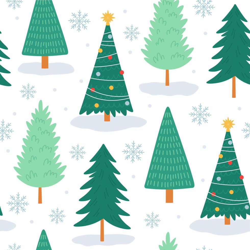Natale albero senza soluzione di continuità modello. noel Stampa con fiocchi di neve, natale decorato e foresta pino alberi. inverno vacanza carino albero vettore sfondo