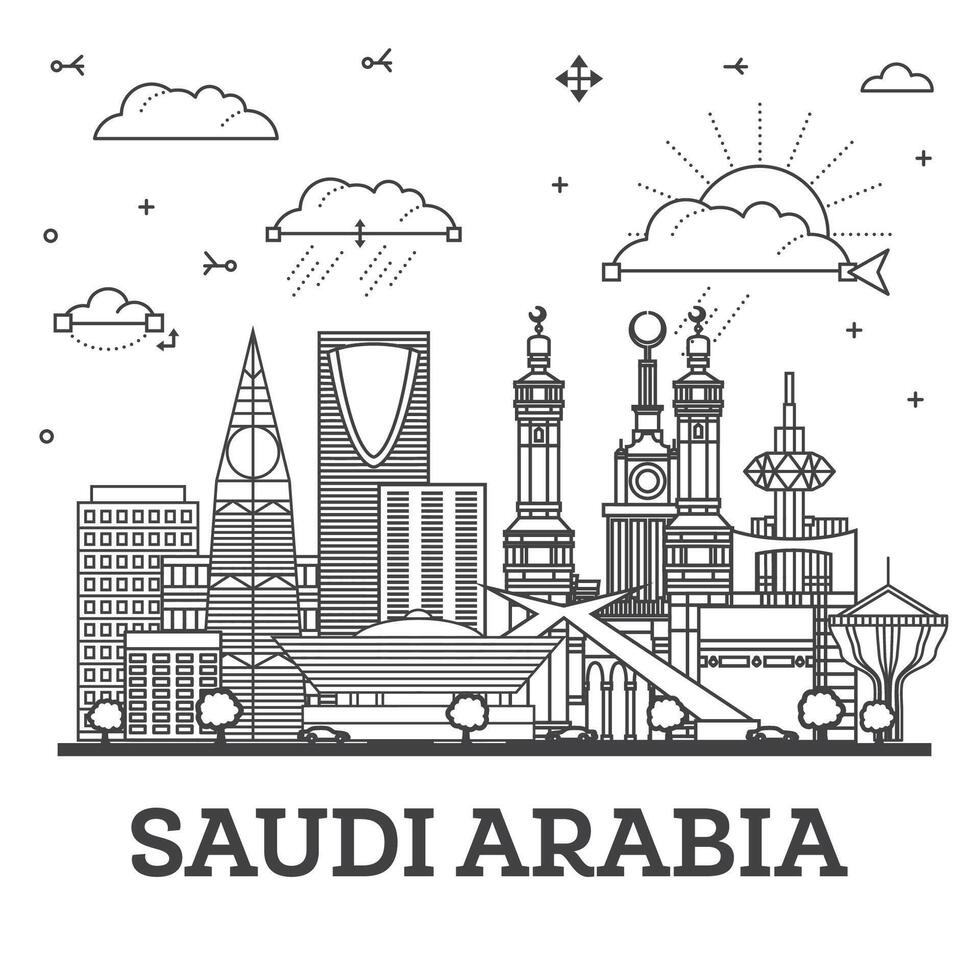 schema Arabia arabia città orizzonte con storico e moderno edifici isolato su bianca. Arabia arabia paesaggio urbano con punti di riferimento. vettore