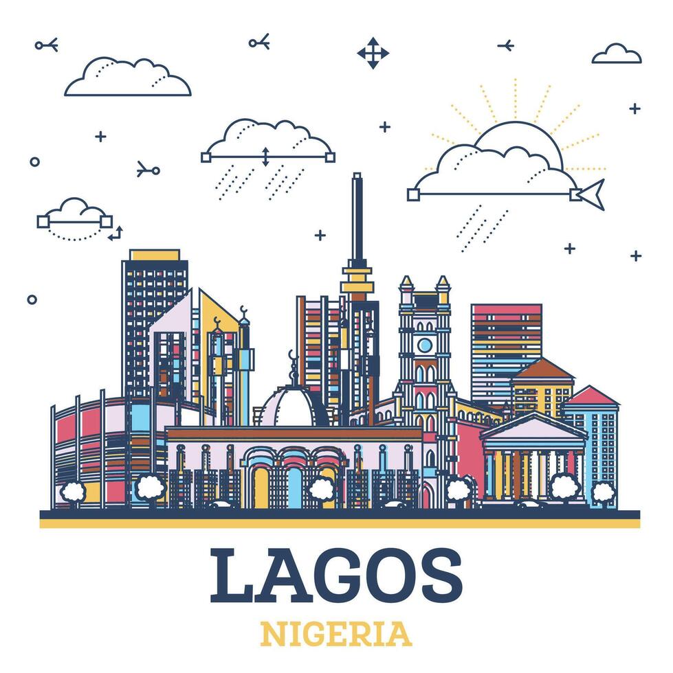schema Lagos Nigeria città orizzonte con colorato moderno edifici isolato su bianca. Lagos paesaggio urbano con punti di riferimento. vettore