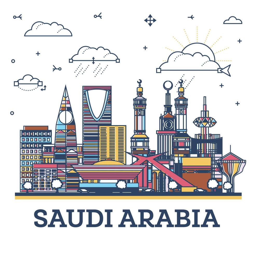 schema Arabia arabia città orizzonte con colorato storico e moderno edifici isolato su bianca. Arabia arabia paesaggio urbano con punti di riferimento. vettore