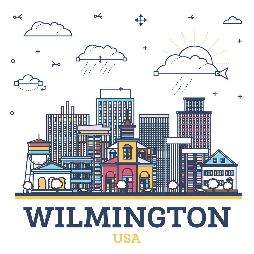 schema Wilmington Delaware Stati Uniti d'America città orizzonte con colorato storico edifici isolato su bianca. Wilmington paesaggio urbano con punti di riferimento. vettore