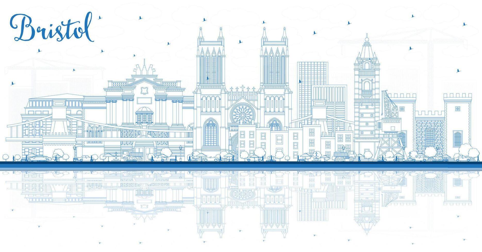 schema Bristol UK città orizzonte con blu edifici e riflessi. Bristol Inghilterra paesaggio urbano con punti di riferimento. viaggio e turismo concetto con storico architettura. vettore