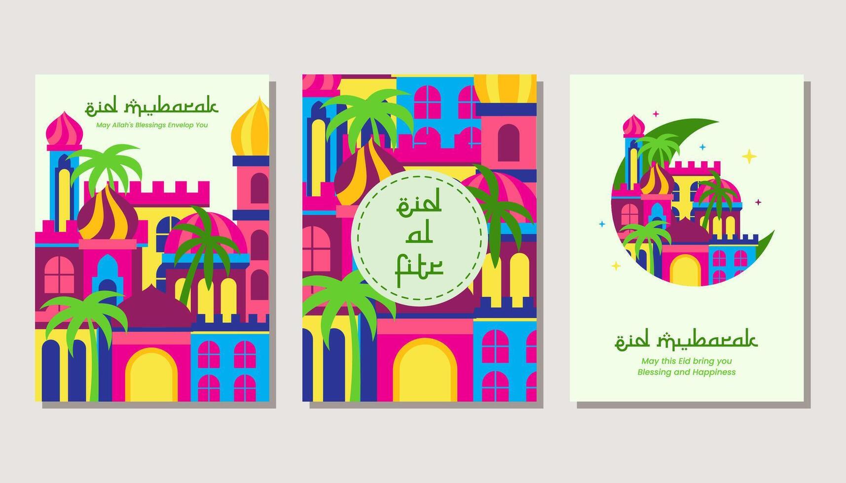 impostato di eid mubarak al Fitr islamico Arabo moschea architettura illustrazione per un' manifesto striscione, copertina modello. vettore illustrazione