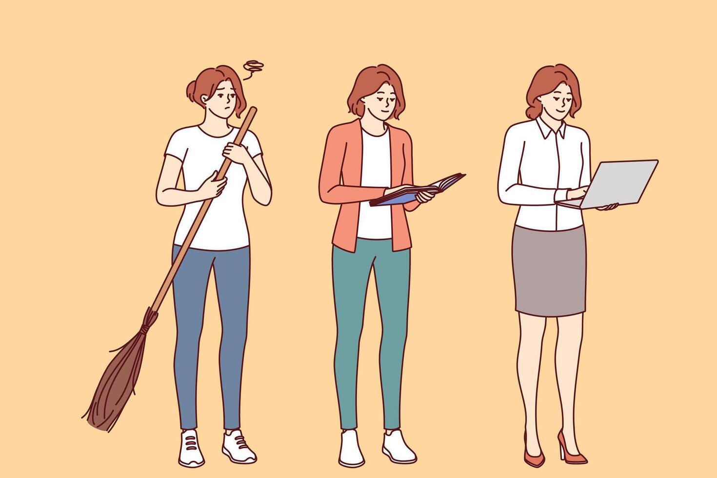 sociale Evoluzione per donne, trasformando a partire dal casalinga con scopa in manager con il computer portatile vettore