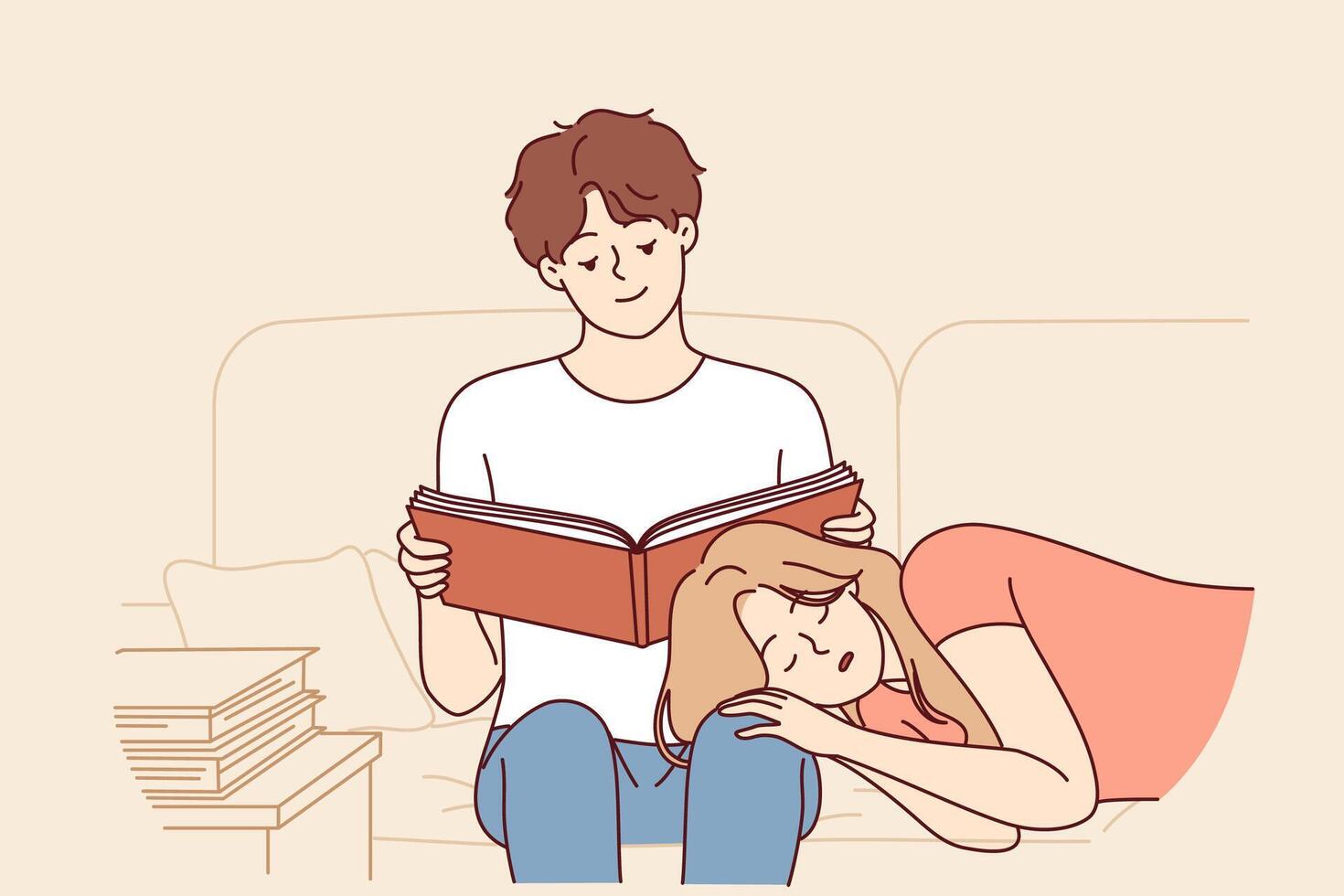 donna dorme su fidanzato giro, lettura libro seduta su divano e sensazione sicuro Grazie per relazione vettore