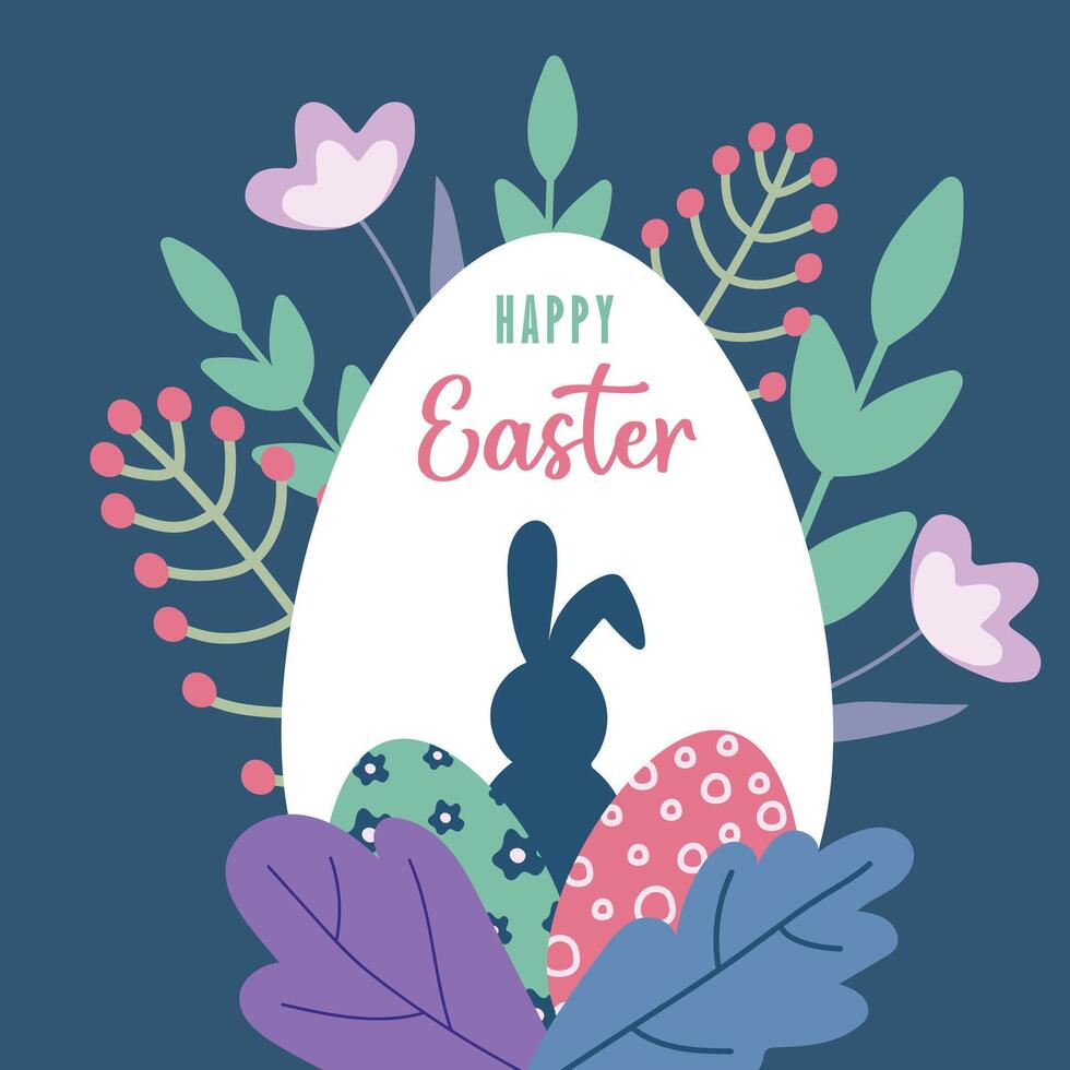 contento Pasqua carta con coniglietto, Pasqua uova e fiori. vettore