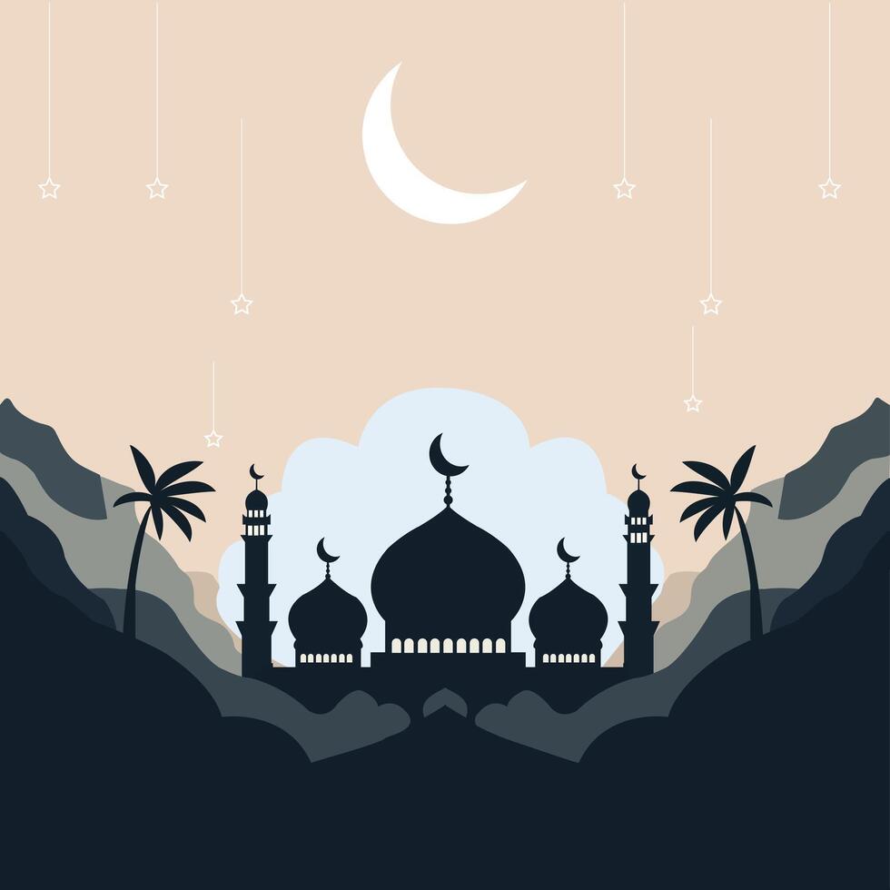 silhouette paesaggio di moschea con brillante cielo per Ramadan design grafico nel musulmano cultura e Islam religione. vettore illustrazione di sfondo moschea nel il notte per islamico sfondo design