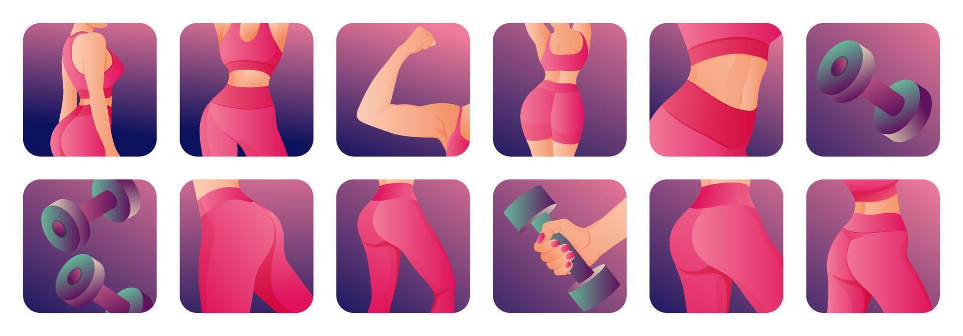 fitness icone impostare. impostato di Perfetto sottile tonica giovane corpo di il ragazza. sportivo donna nel abbigliamento sportivo, pantaloncini culo icona per mobile app, sottile corpo, vettore illustrazione.