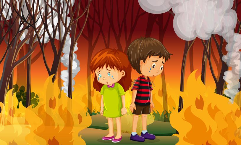 Bambini tristi nella foresta wildfire vettore