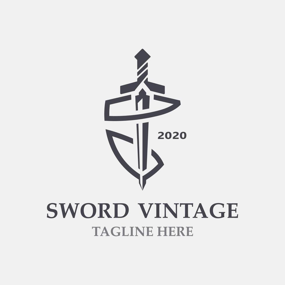 spada Vintage ▾ logo design. illustrazione spada elemento, può essere Usato come logotipo, icona, modello cappotto di braccia concetto vettore