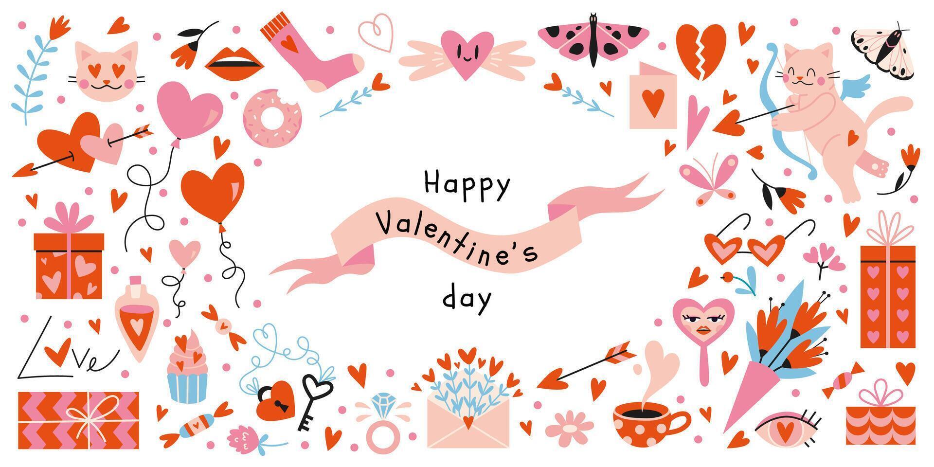 contento San Valentino giorno grande impostare. molti vario romantico oggetti piace cuori, palloncini, Cupido, i regali e dolci, cartone animato stile. di moda moderno vettore illustrazione isolato su bianca, mano disegnato, piatto