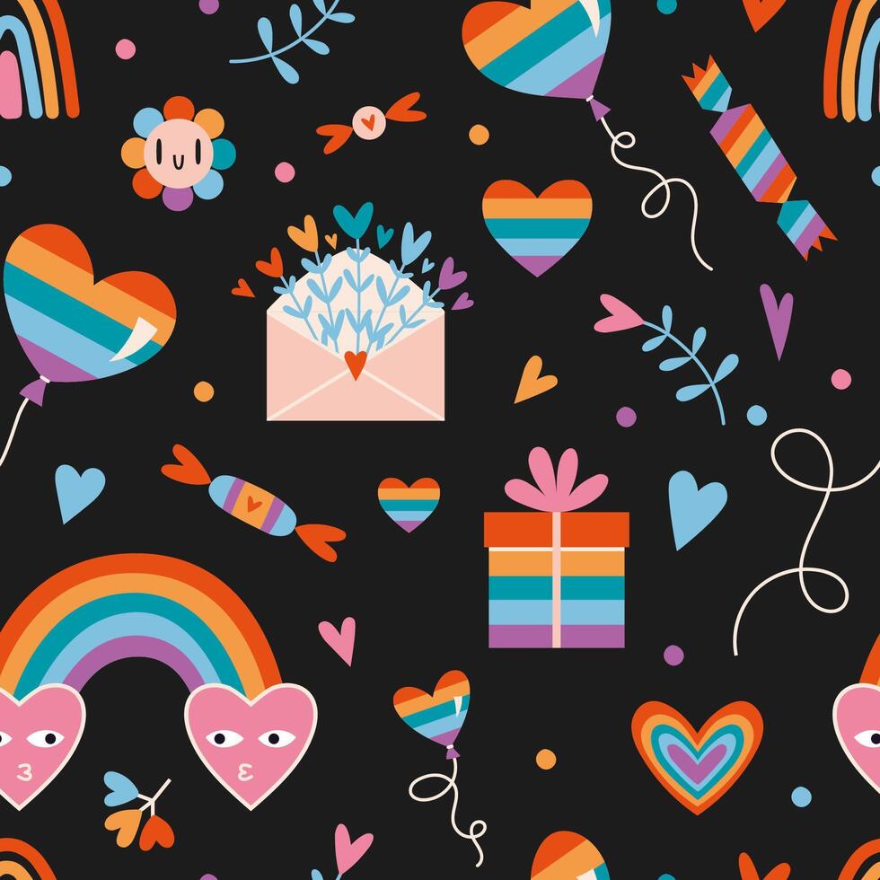 lgbt senza soluzione di continuità modello con carino arcobaleno romantico elementi su un' nero sfondo, cartone animato stile. di moda moderno vettore illustrazione, mano disegnato, piatto