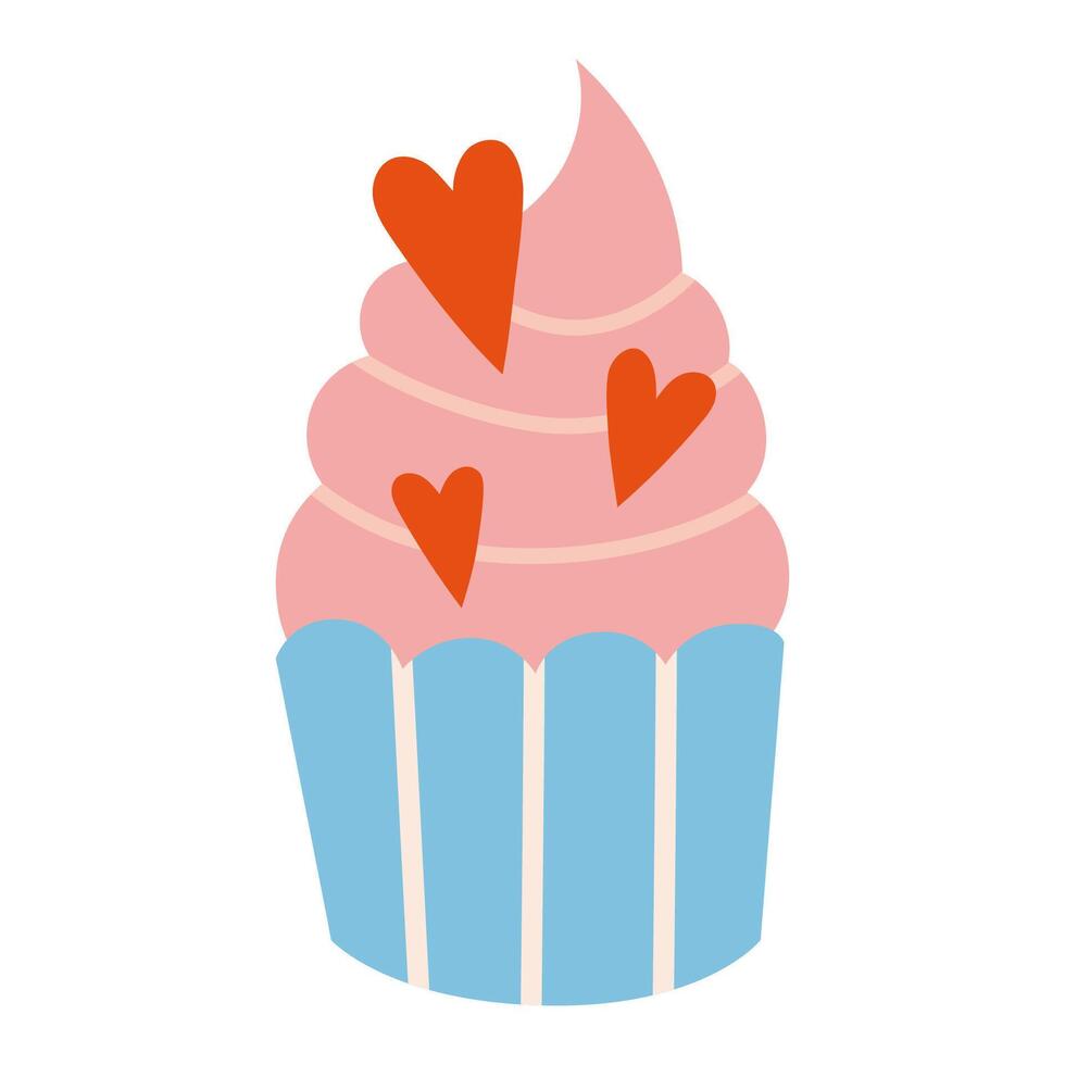 Cupcake decorato con cuori, cartone animato stile. San Valentino giorno concetto. di moda moderno vettore illustrazione isolato su bianca sfondo, mano disegnato, piatto