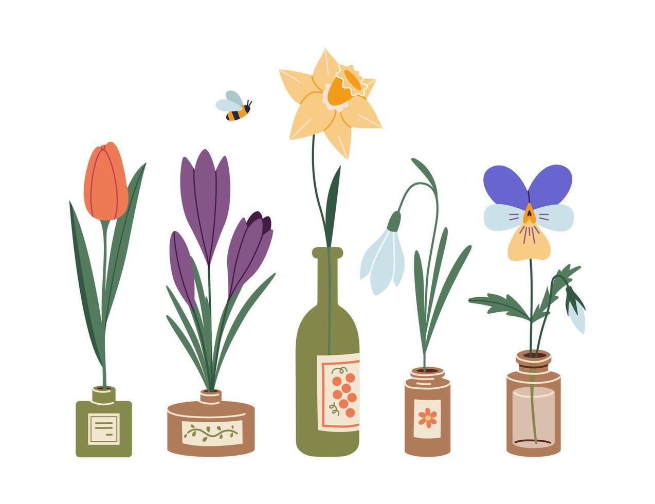 impostato di primavera fiori nel diverso bottiglie, cartone animato stile. di moda moderno vettore illustrazione isolato su bianca sfondo, mano disegnato, piatto