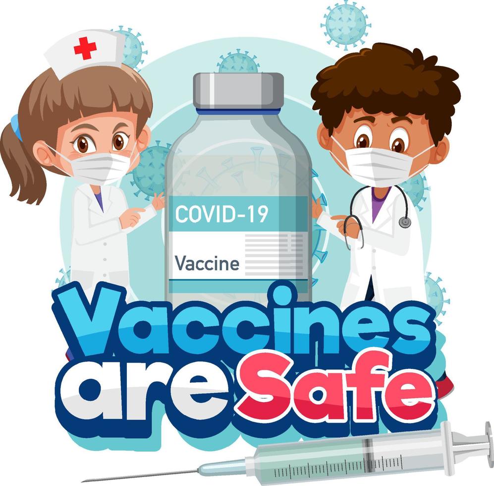 il concetto di vaccinazione contro il coronavirus con personaggio dei cartoni animati e i vaccini sono caratteri sicuri vettore