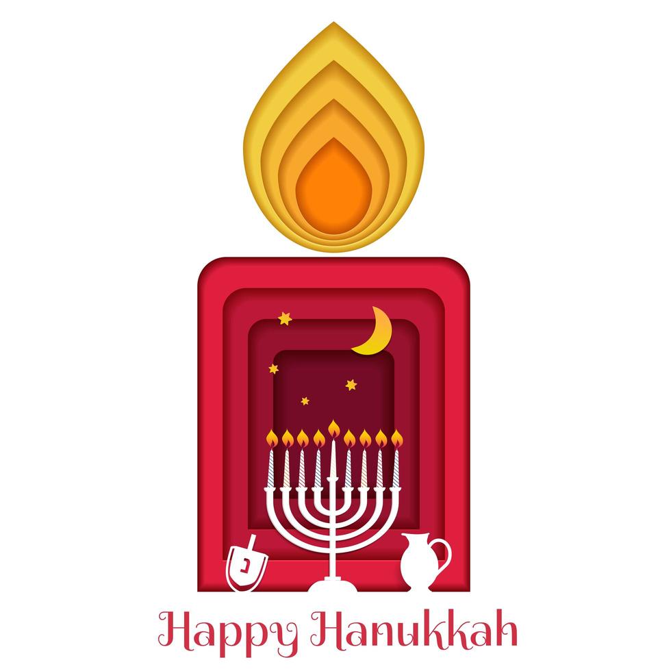 felice hanukkah, festa ebraica delle luci carta tagliata biglietto di auguri con simboli chanukah dreidels, trottola, lettere ebraiche, candele menorah vettore