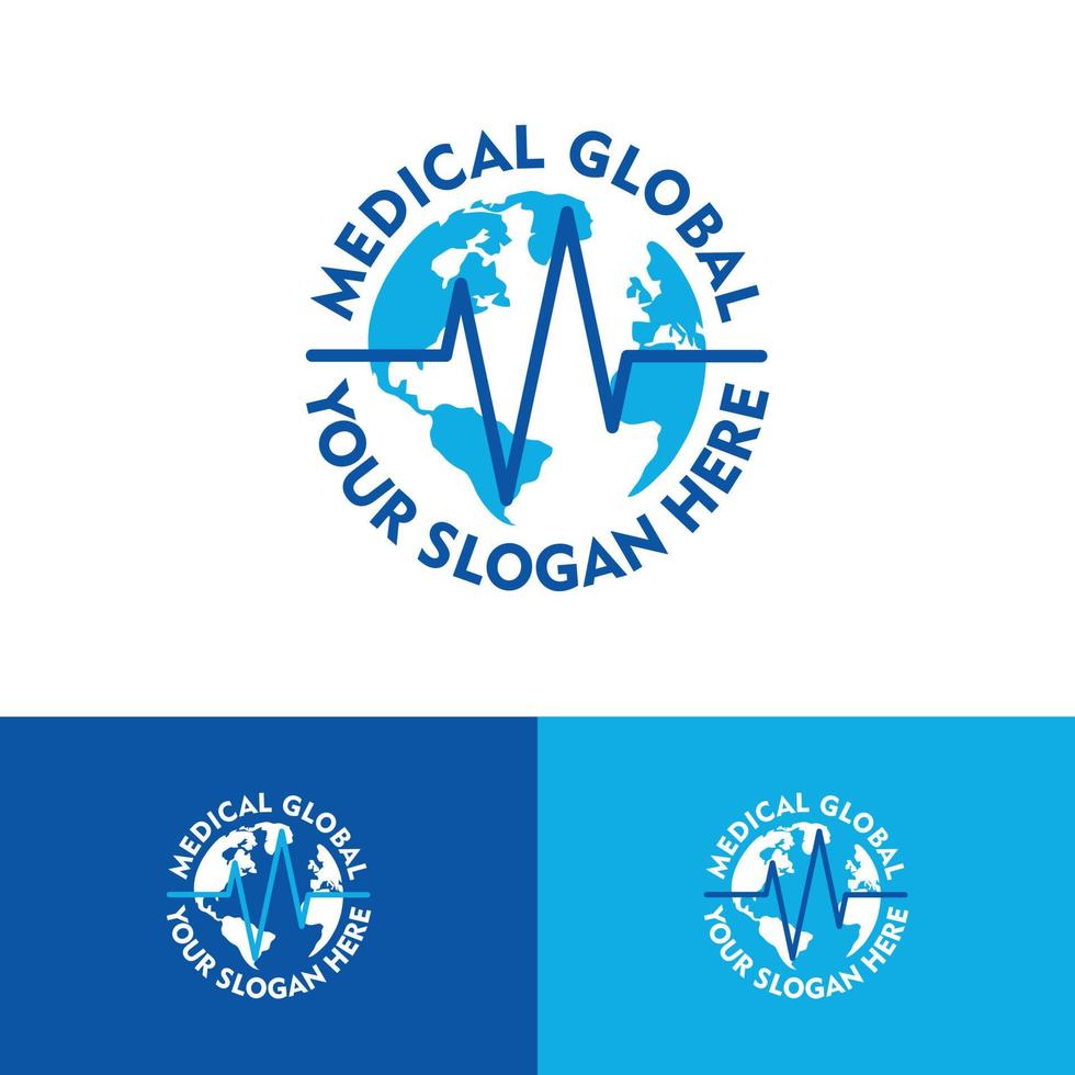 globo ed ecg, vettore di progettazione del logo del concetto di assistenza medica globale