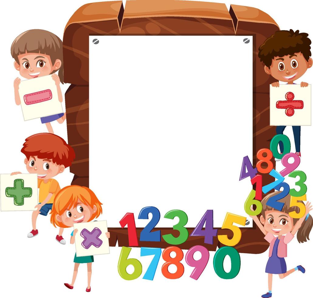 cornice di legno vuota con bambini in età scolare e oggetti matematici vettore
