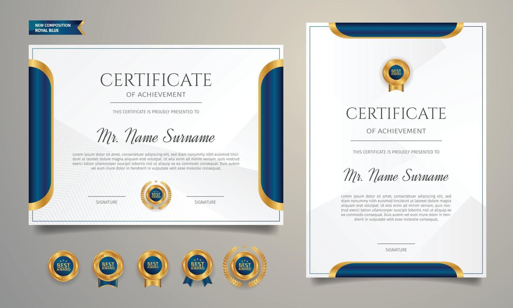 certificato di diploma blu e oro con badge e bordo modello a4 per premi, affari e istruzione vettore