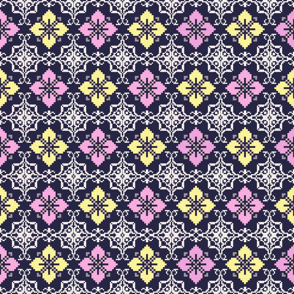 geometrico giallo e rosa floreale pixel arte senza soluzione di continuità modello su Marina Militare blu sfondo. vettore design per sfondo e sfondo