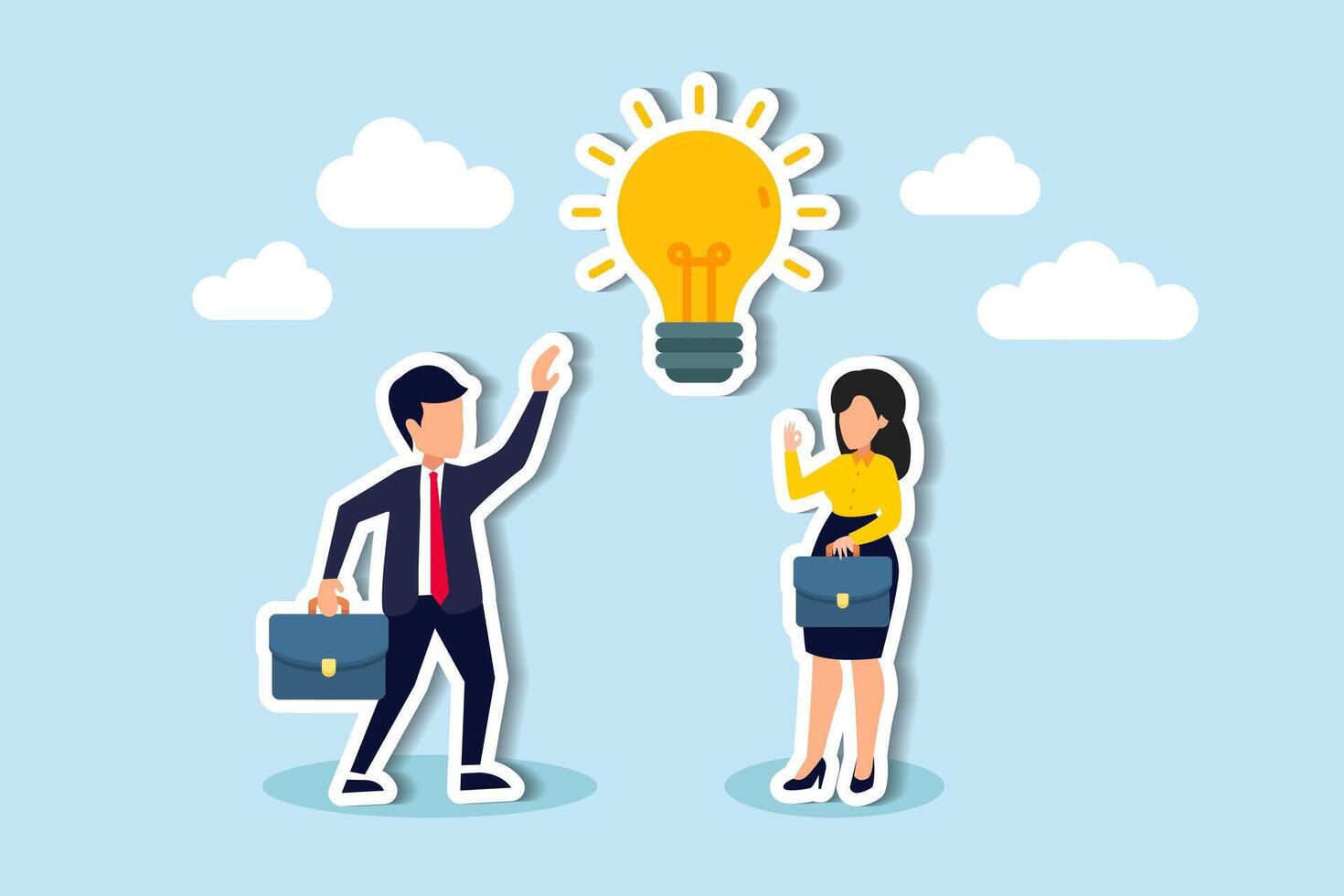 idea brillante per risolvere problemi, brainstorming di team aziendali o pensare a una nuova idea innovativa, concetto di creatività o immaginazione, uomo d'affari e donna d'affari che pensano con un'idea di lampadina brillante. vettore