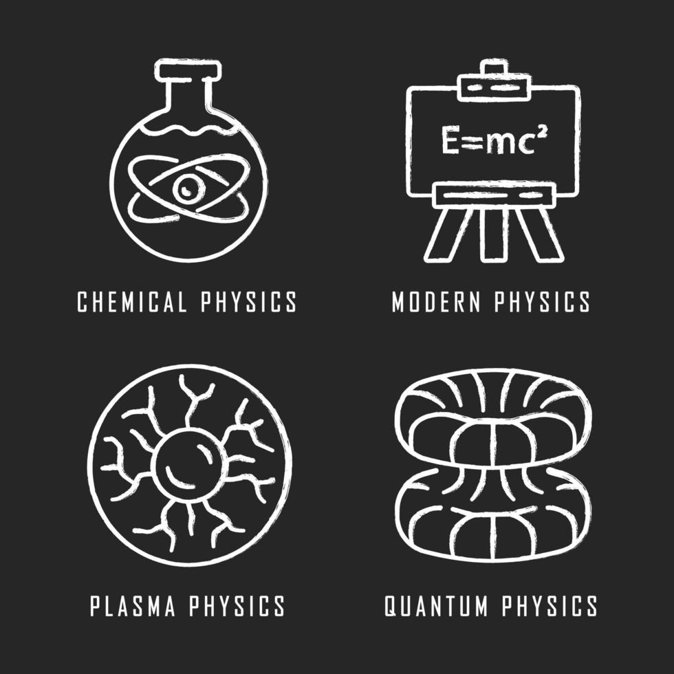 rami di fisica set di icone di gesso. chimica, moderna, fisica del plasma e quantistica. meccanica quantistica, discipline dell'apprendimento dei fenomeni fisico-chimici. illustrazioni di lavagna vettoriali isolate