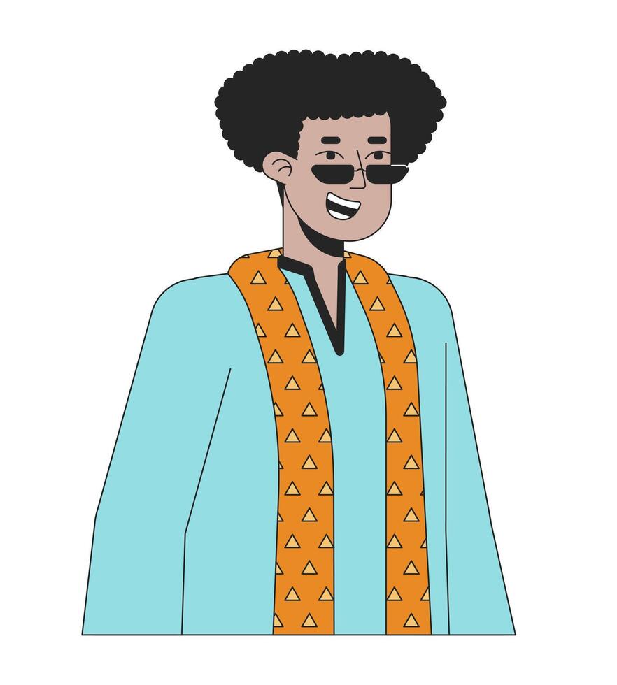 tradizionale kurta ispanico uomo occhiali da sole 2d lineare cartone animato carattere. sorridente maschio isolato linea vettore persona bianca sfondo. indù Festival di luci deepawali colore piatto individuare illustrazione